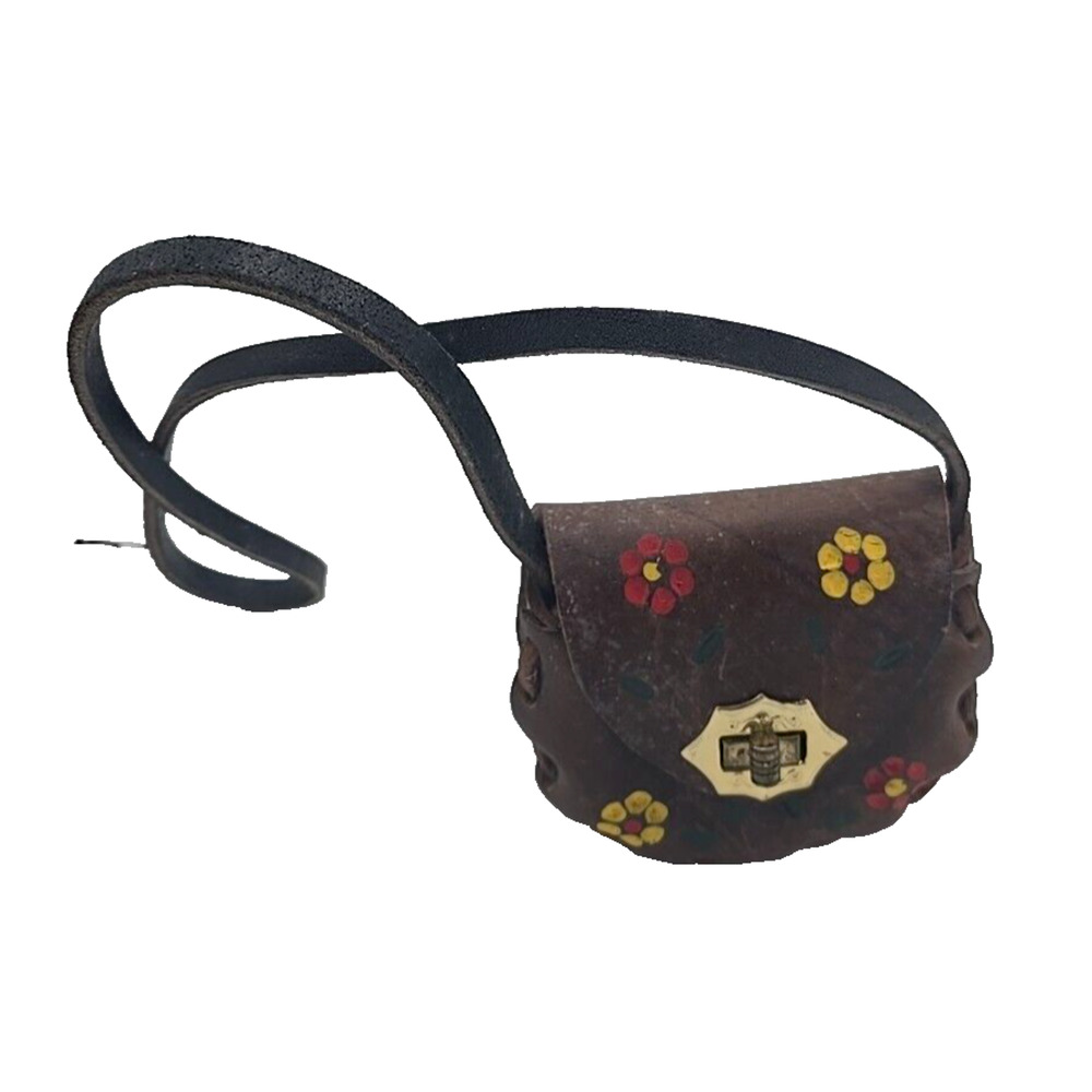 VTG Women Mexican Brown Leather Floral Tooled Mini Shoulder Boho Bag Purse 4"x4"